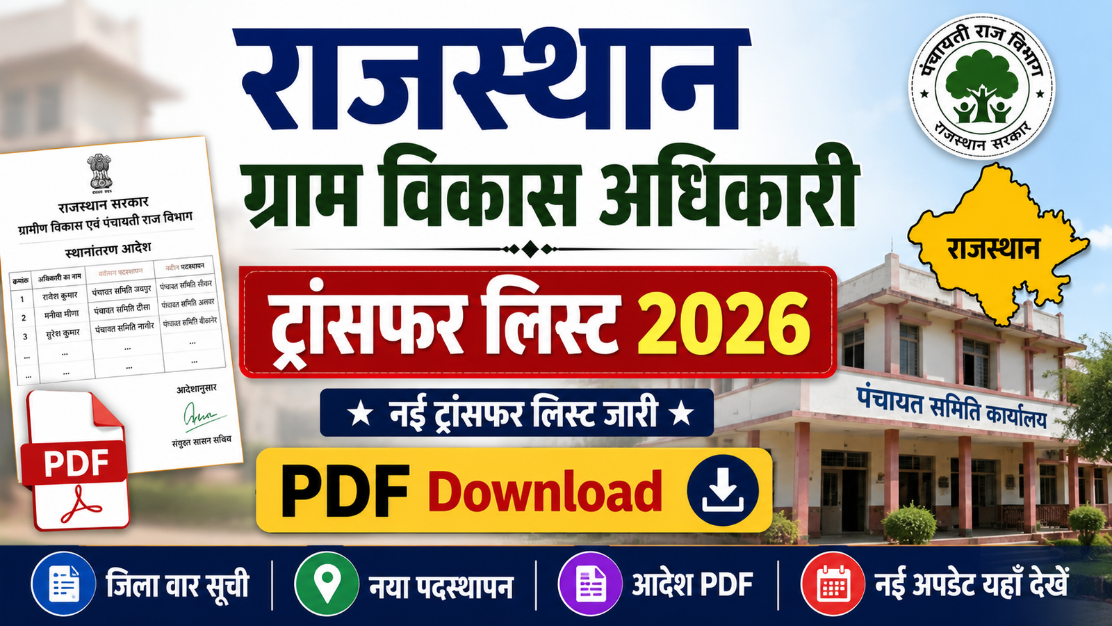राजस्थान ग्राम विकास अधिकारी (VDO) ट्रांसफर लिस्ट 2026 | Rajasthan VDO Transfer List 2026